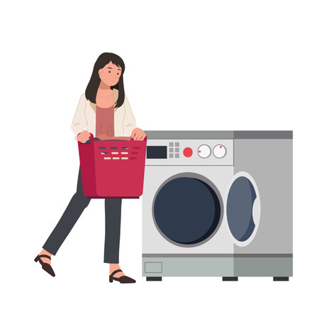 Laundry concept. a woman is washing clothes, doing laundey with Modern washing machine. Flat vector cartoon illustration.のイラスト素材