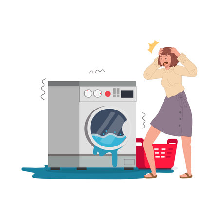 Woman and washer with leakage. Laundry equipment. Plumbing problem. Washing machine is broken. Flat vector illustrationのイラスト素材
