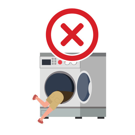 Laundry concept. Warning do not climb in washing machine. don't do this. X mark. wrong.のイラスト素材