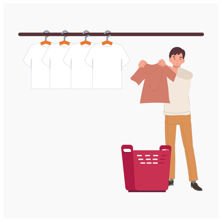man hanging wet clothes out to dry. drying clothes after washing. Flat vector cartoon illustrationのイラスト素材