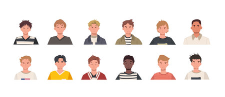 People head portraits set. Diverse men faces avatar. Happy modern young person avatars. Characters bundle. Flat vector cartoon illustrationsのイラスト素材