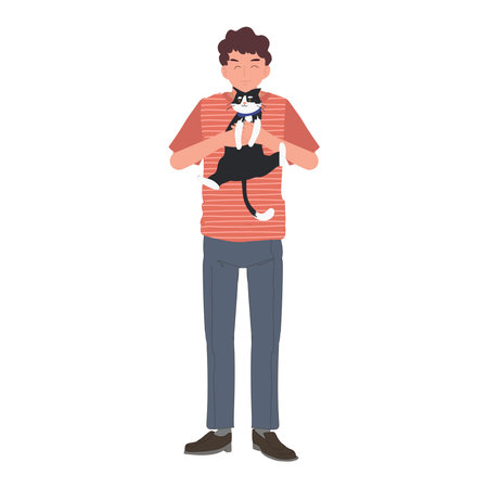 Cat lovers concept. a man holding, hugging, kissing his cat with love as a cat person. Flat vector cartoon illustrationのイラスト素材