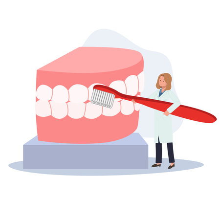 Dental medical concept. female Dentist with big toothbrush is presenting or showing how to clean teeth with big mouth model. Flat cartoon Vector illustrationのイラスト素材