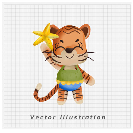 Summer vacation theme. Cute Little Tiger in swimming suit with seastar. watercolor vector cartoon illustrationのイラスト素材
