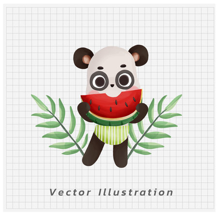Summer vacation concept. Happy Cute kawaii Panda eating a big half piece of watermelon. vector cartoon watercolor illustration.のイラスト素材