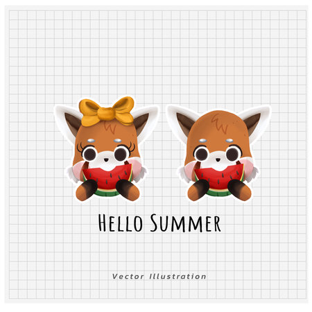 Cute kawaii red panda eating watermelon cartoon illustration.のイラスト素材