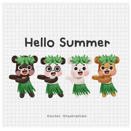 Summer vacation theme. Cute team of bear dancing hawaiian hula in green grass wreath and skirt. cartoon vector illustrationのイラスト素材