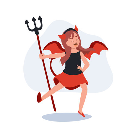 little cute girl in colorful halloween costumes as red devil. Happy Halloween trick or treat. Flat Vector cartoon illustrationのイラスト素材