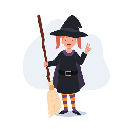 little cute girl in colorful halloween costumes as witch. Happy Halloween trick or treat. Flat Vector cartoon illustrationのイラスト素材
