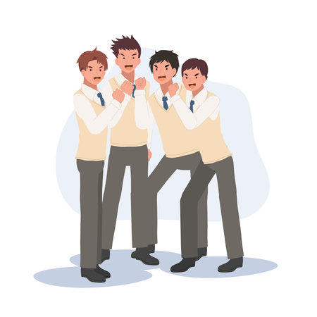 Full length of Happy group of Asian students boy. A group of male asian student is showing their team power of team work.のイラスト素材