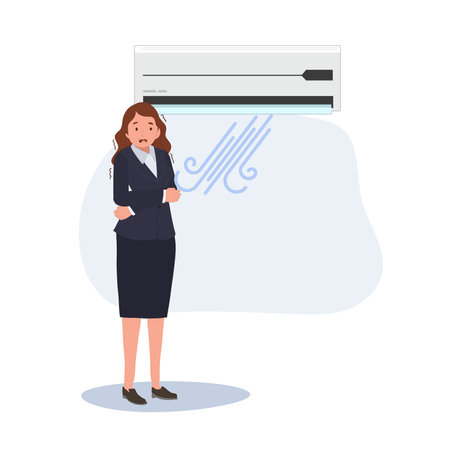 The air conditioning is too cold. Businesswoman shivering in cool air conditioner. Flat vector cartoon illustrationのイラスト素材