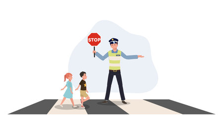 A traffic police is holding stop sign to giving way let young children walk on crosswalk. Flat vector cartoon illustrationのイラスト素材