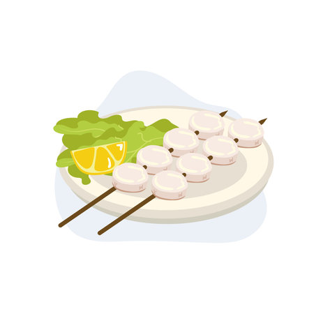 grilled scallop skewers, scallop seafood skewers. grilled scallop without shells. seafood. vector cartoon illustrationのイラスト素材