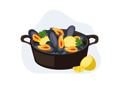 Baked Mediterranean mussels with creamy lime sauce. seafood cartoon vector illustrationのイラスト素材