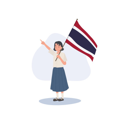Smiling Thai student child, girl, holding a Thailand flag. Flat vector cartoon illustrationのイラスト素材