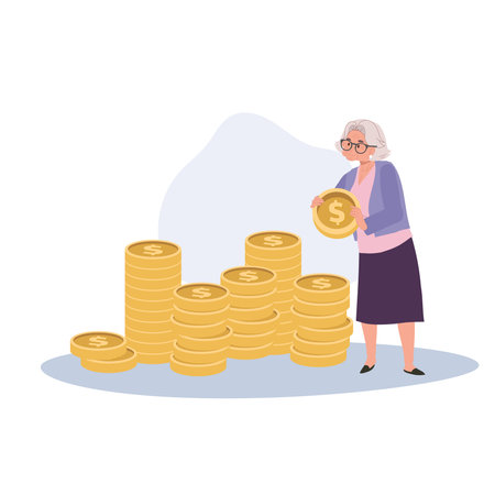 Finance and Investment Concept. Elderly Woman Creating a Coin Stack for Savings and Retirementのイラスト素材