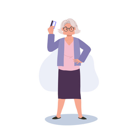 Modern Lifestyle of Mature Shopper concept. Illustration of Confident Elderly Woman with Credit Card. Flat vector cartoon illustrationのイラスト素材