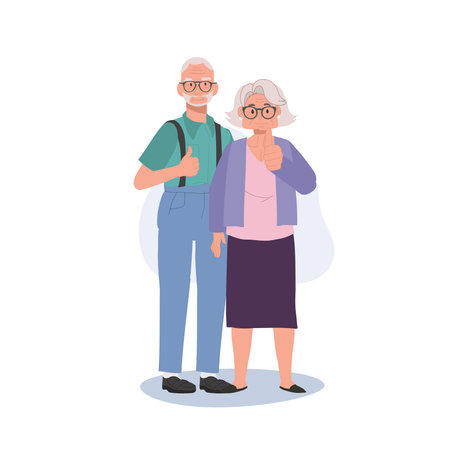 Happy Senior Couple Illustration Giving Thumb Up for Good Quality & Service. Positive Elderly Endorsement Illustrationのイラスト素材