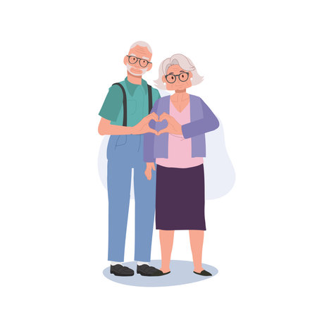 Aged Happiness and Love concept. Cute Happy Elderly Couple Making Heart Shape Hand Gesture. Flat vector cartoon illustrationのイラスト素材