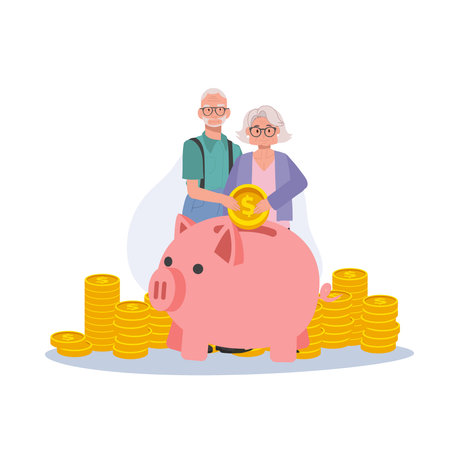 Elderly Couple Collecting Money in Piggy Bank for Retirement Savings. Mature Couple Saving Money Together in Piggy Bank.のイラスト素材