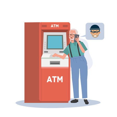 Deceptive Money Transfer concept. A scammer is tricks an elderly man into transferring money at ATM machine.のイラスト素材