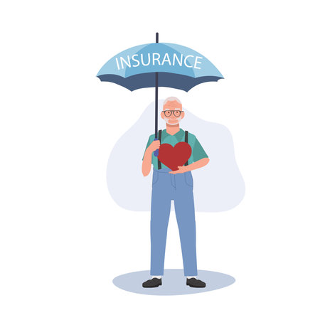 Insurance Coverage concept. Senior man with Big Heart Shielded with Umbrella of Security. Flat vector cartoon illustrationのイラスト素材