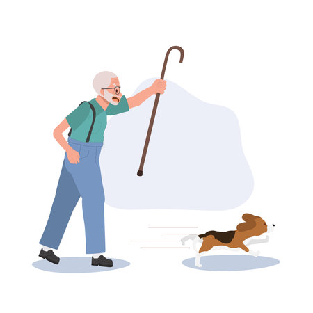 Angry Elderly man Determinedly Pursuing His Energetic Dog. Old man Pursuing His Pet Dog.のイラスト素材