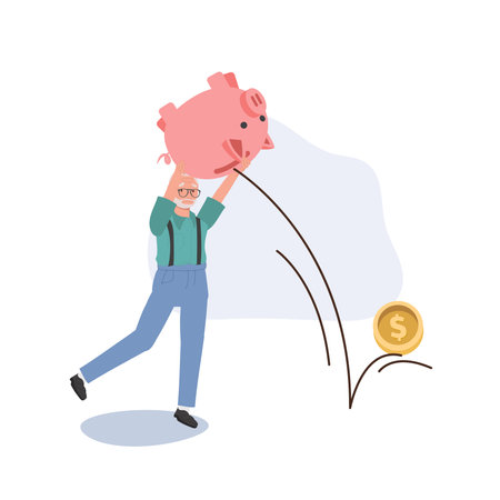 Financial Stress Concept. Sad Elderly man Pouring Money from Piggy Bank. Worrying Senior Citizen and Financial Troublesのイラスト素材