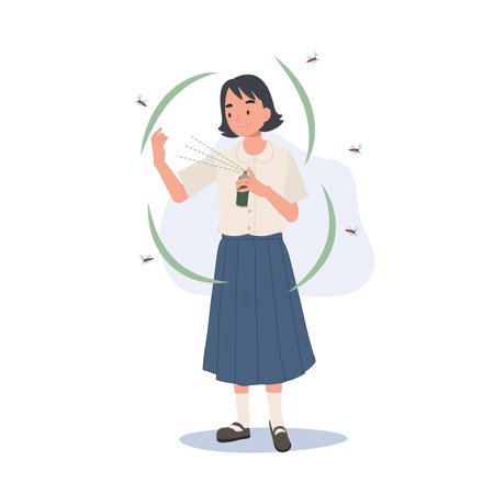 Dengue Fever Prevention. young Thai student using Mosquito Spray for Shields Against Zika.のイラスト素材