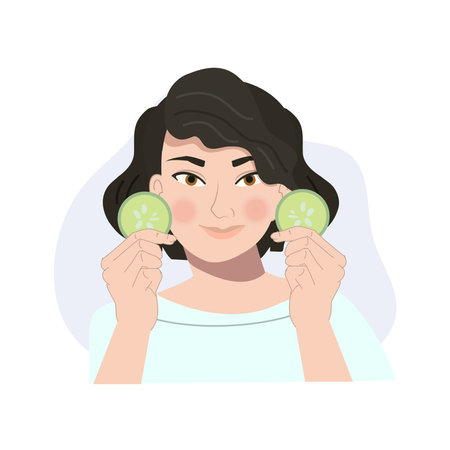 Skin Care Concept.Refreshing Beauty Routine. Portrait of Woman with Cucumber Patchのイラスト素材