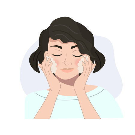 Women's Skincare and Beauty Routine concept. Bright Skin and Cleansing. Woman is Cleansing her face.のイラスト素材