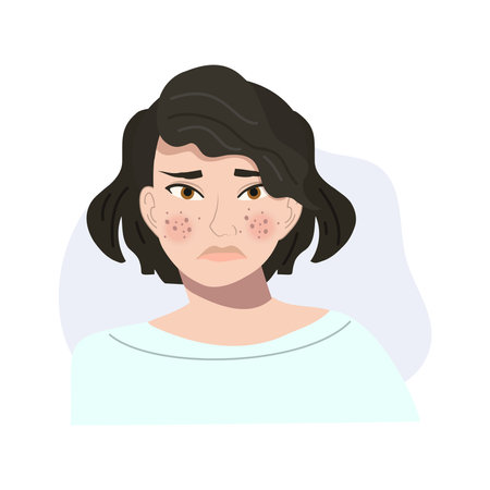 Skin Care Concept. Beauty and Insecurities. Portrait of sad and Worried Woman with Acneのイラスト素材