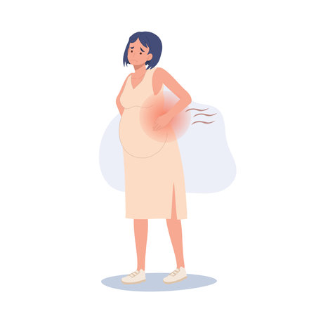Pregnant Woman with Back Pain. Expectant Mother Experiencing Pregnancy Backacheのイラスト素材