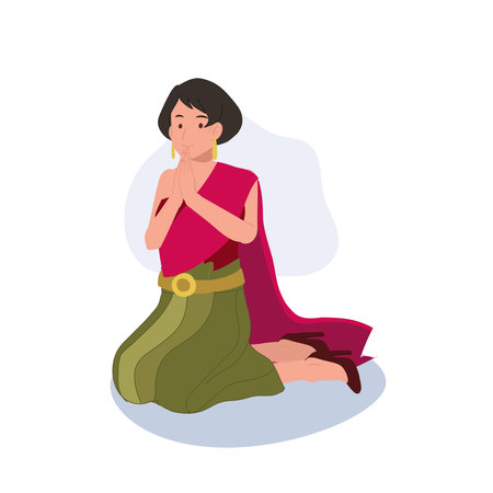 Thai Culture concept. Thai woman in traditional dress is sitting and praying , making wai. Praying Gestureのイラスト素材