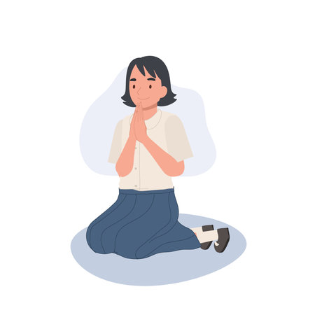 Thai Culture concept. Thai student girl is sitting and praying , making wai. Praying Gestureのイラスト素材