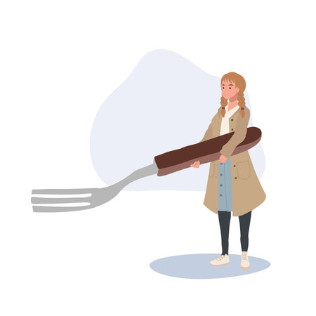 Tiny Human Holding a Fork.  Tiny woman with giant kitchen Utensils.のイラスト素材