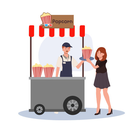 Street Food Vendor.Popcorn Kiosk.  Retro Popcorn Cart with Seller and Customerのイラスト素材