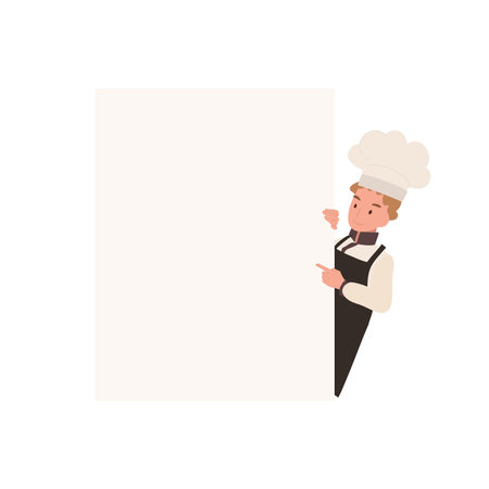 Kid Chef Pointing at Billboard.  Child Cook Advertising and Promotionのイラスト素材