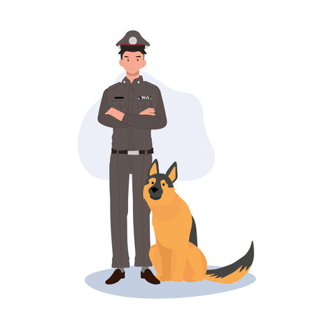 Thai Police Officer and Canine Companion. Thai Police Officer and German Shepherd Police Dogのイラスト素材