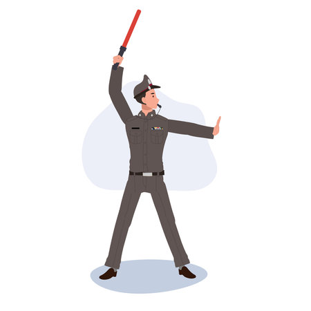 Traffic Control by Thai Policeman . Thai Police Officer in uniform  with Light Baton is doing stop hand sign and blowing Whistleのイラスト素材