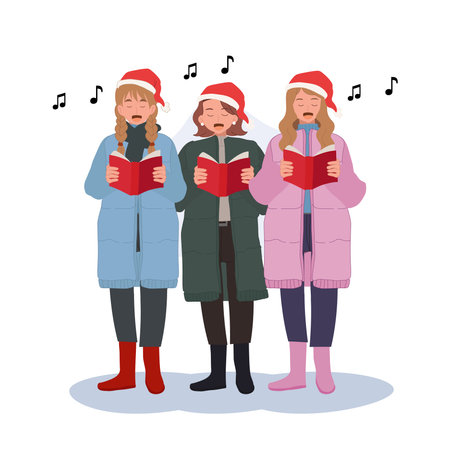 Happy Group Singing Christmas Song in Winter Costumes. people in Festive Winter Attire Singing Christmas Carolsのイラスト素材