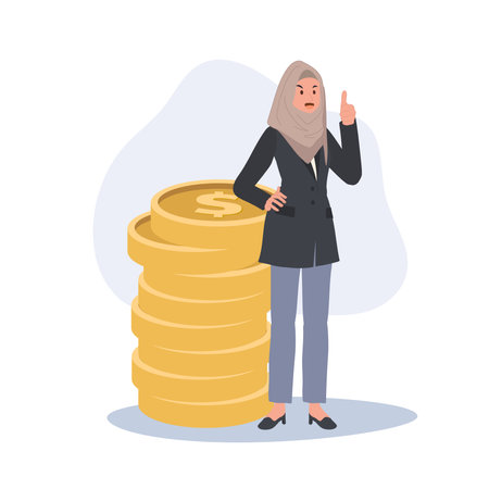 Financial Success concept. Islamic Businesswoman Showing Success with Coins by giving thumb up.のイラスト素材
