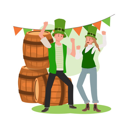 St Patrick Day Celebration. Man and Woman Dancing in Joyful Festivitiesのイラスト素材