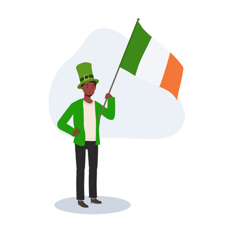 St Patricks Day Celebration. Jovial Man with Irish Flag in Green Outfit.のイラスト素材