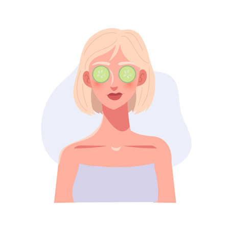 Organic Beauty. Portrait of a Woman in a Spa Day with Cucumber Treatmentのイラスト素材