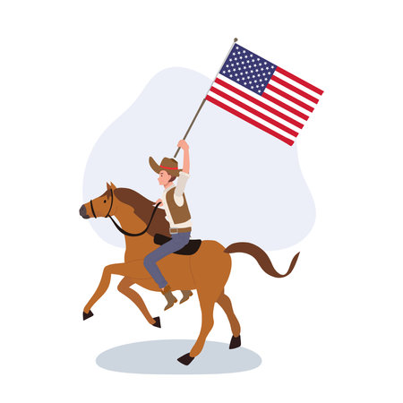 Wild West Adventure. Full-Length Cowboy on Horseback Holding American Flag.のイラスト素材