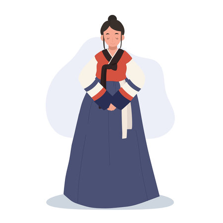 Joyful Hanbok Greeting. Smiling Asian Woman in Korean Hanbok  Saluting with Joy and politeのイラスト素材