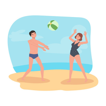 People Enjoying Beachball Game. People Playing beachball on the Beach.のイラスト素材