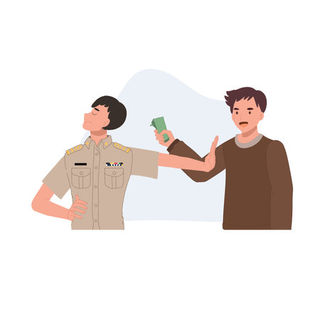 Thai Cartoon of Civil Servant Refusing Bribery. Anti-Corruption Illustration. No Bribery Hand Gesture for Ethical Governanceのイラスト素材
