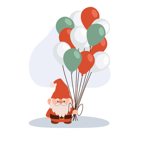 Cute Christmas gnome illustration with holiday balloons in festive colorsのイラスト素材